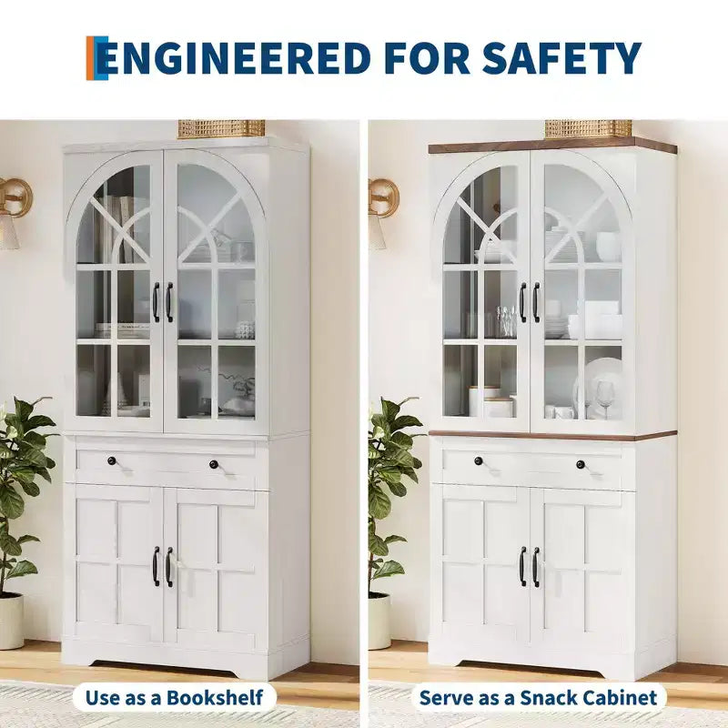 Alacena de despensa estilo rústico con puertas de vidrio templado arqueadas – Negro / Marrón / Blanco+Marrón, 4 puertas