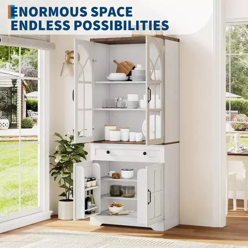 Alacena de despensa estilo rústico con puertas de vidrio templado arqueadas – Negro / Marrón / Blanco+Marrón, 4 puertas