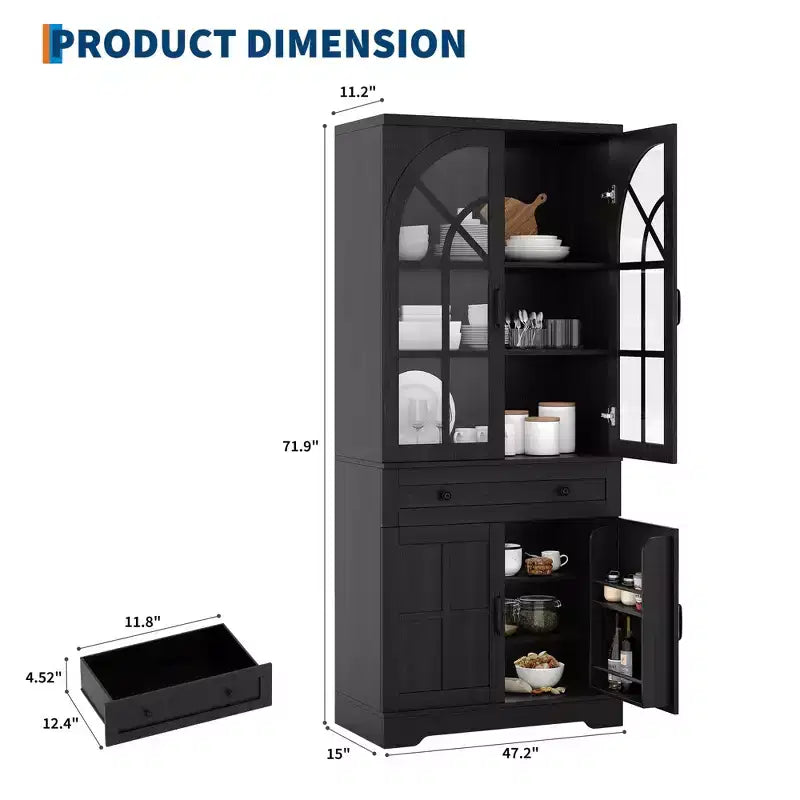 Alacena de despensa estilo rústico con puertas de vidrio templado arqueadas – Negro / Marrón / Blanco+Marrón, 4 puertas