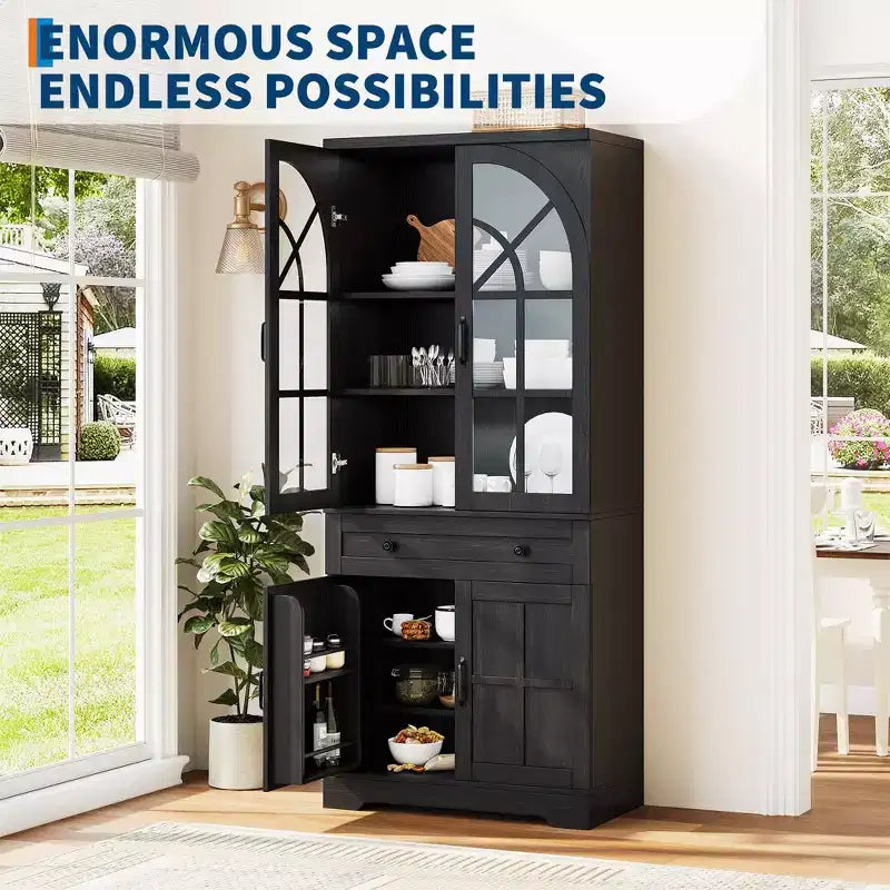 Alacena de despensa estilo rústico con puertas de vidrio templado arqueadas – Negro / Marrón / Blanco+Marrón, 4 puertas