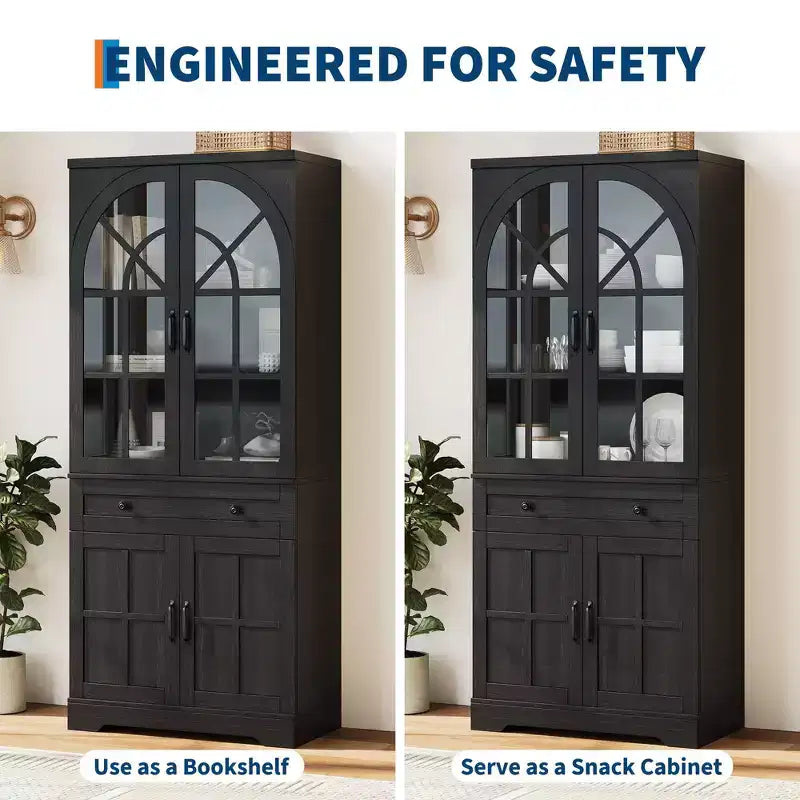 Alacena de despensa estilo rústico con puertas de vidrio templado arqueadas – Negro / Marrón / Blanco+Marrón, 4 puertas