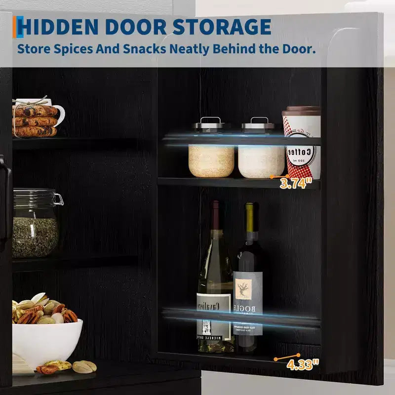 Alacena de despensa estilo rústico con puertas de vidrio templado arqueadas – Negro / Marrón / Blanco+Marrón, 4 puertas