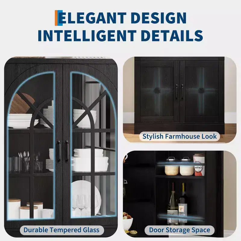 Alacena de despensa estilo rústico con puertas de vidrio templado arqueadas – Negro / Marrón / Blanco+Marrón, 4 puertas