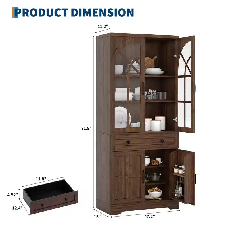 Alacena de despensa estilo rústico con puertas de vidrio templado arqueadas – Negro / Marrón / Blanco+Marrón, 4 puertas