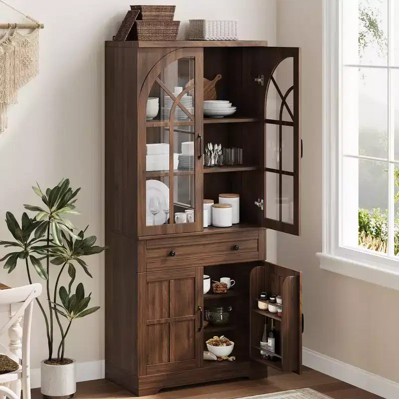 Alacena de despensa estilo rústico con puertas de vidrio templado arqueadas – Negro / Marrón / Blanco+Marrón, 4 puertas