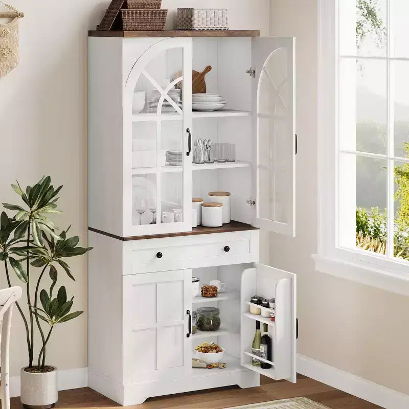 Alacena de despensa estilo rústico con puertas de vidrio templado arqueadas – Negro / Marrón / Blanco+Marrón, 4 puertas