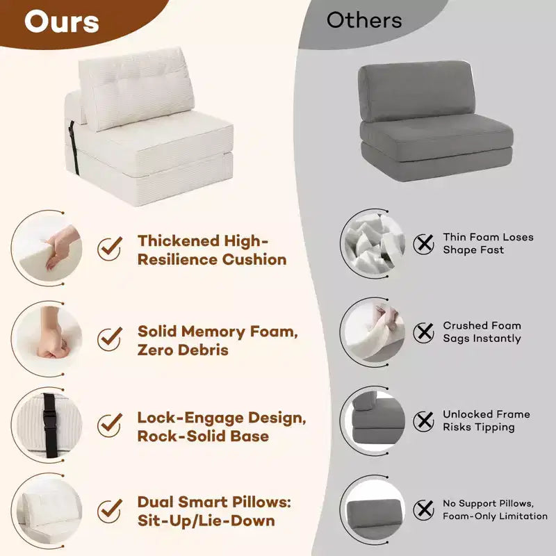 Sofá cama plegable beige / gris oscuro, sofá de suelo convertible 3 en 1 para 1 persona