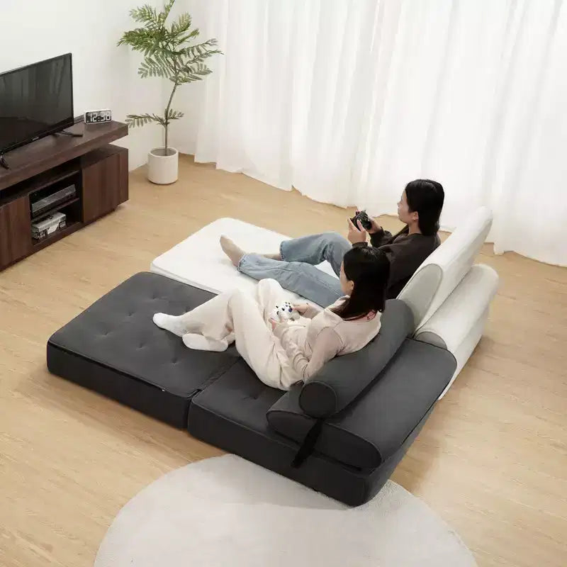 Sofá cama plegable beige / gris oscuro, sofá de suelo convertible 3 en 1 para 1 persona