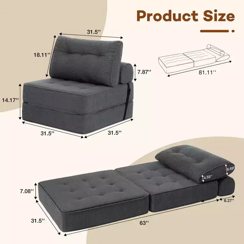 Sofá cama plegable beige / gris oscuro, sofá de suelo convertible 3 en 1 para 1 persona