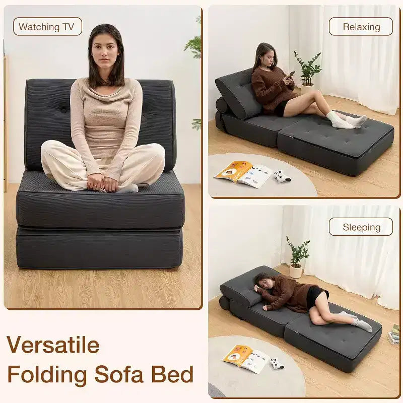Sofá cama plegable beige / gris oscuro, sofá de suelo convertible 3 en 1 para 1 persona