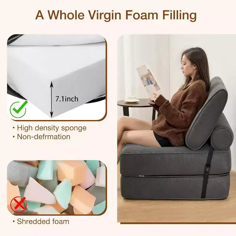 Sofá cama plegable beige / gris oscuro, sofá de suelo convertible 3 en 1 para 1 persona