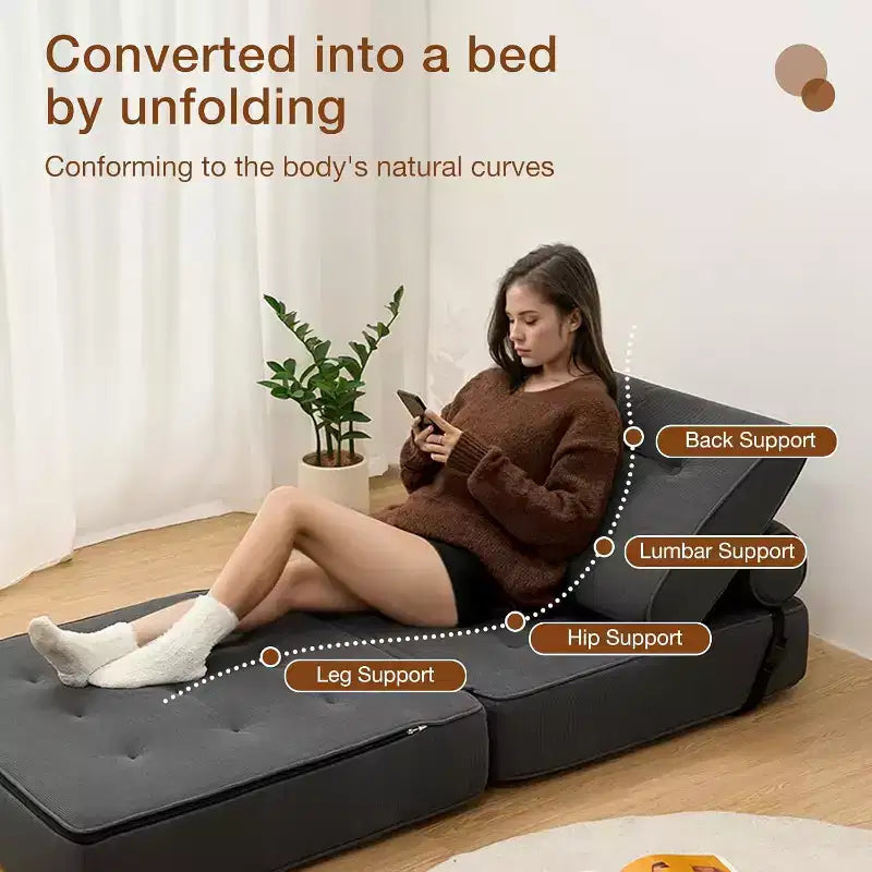 Sofá cama plegable beige / gris oscuro, sofá de suelo convertible 3 en 1 para 1 persona