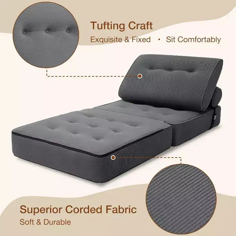 Sofá cama plegable beige / gris oscuro, sofá de suelo convertible 3 en 1 para 1 persona