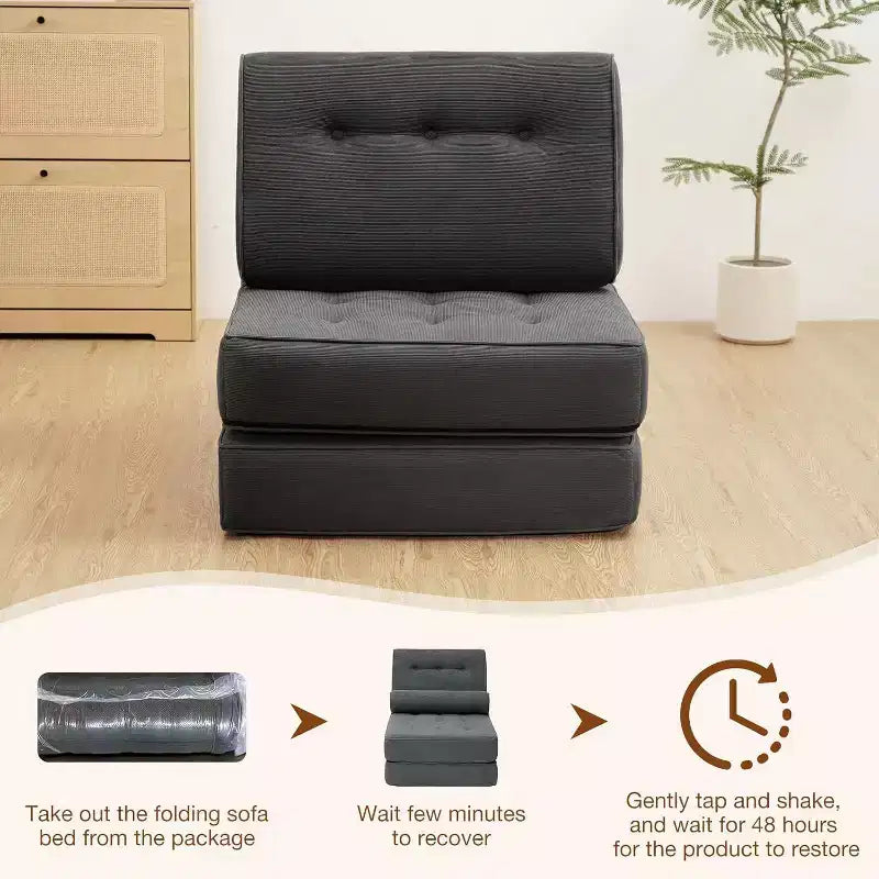 Sofá cama plegable beige / gris oscuro, sofá de suelo convertible 3 en 1 para 1 persona