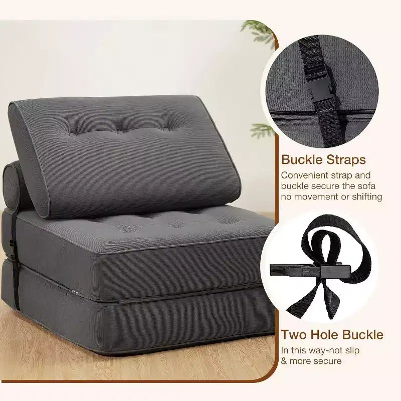 Sofá cama plegable beige / gris oscuro, sofá de suelo convertible 3 en 1 para 1 persona