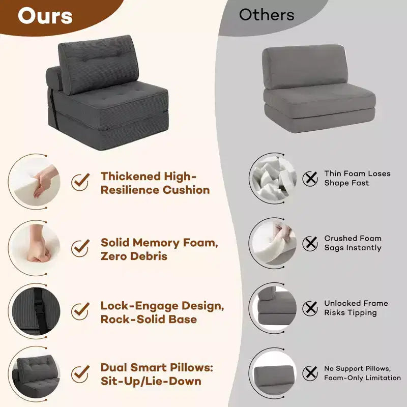 Sofá cama plegable beige / gris oscuro, sofá de suelo convertible 3 en 1 para 1 persona