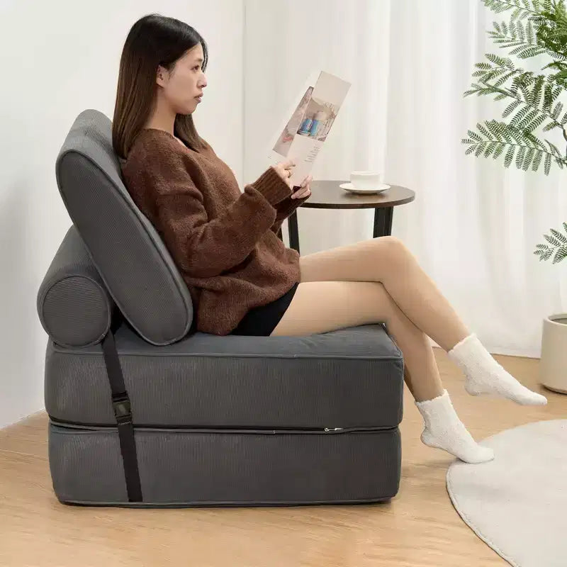 Sofá cama plegable beige / gris oscuro, sofá de suelo convertible 3 en 1 para 1 persona