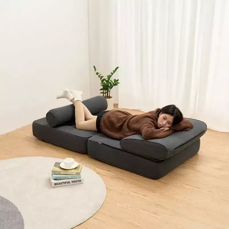 Sofá cama plegable beige / gris oscuro, sofá de suelo convertible 3 en 1 para 1 persona