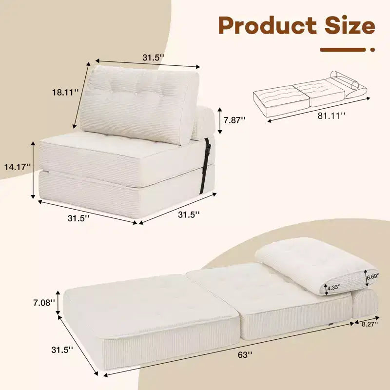 Sofá cama plegable beige / gris oscuro, sofá de suelo convertible 3 en 1 para 1 persona