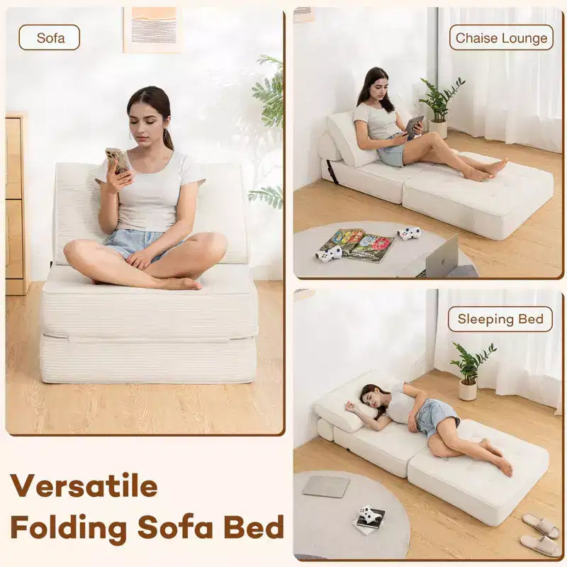 Sofá cama plegable beige / gris oscuro, sofá de suelo convertible 3 en 1 para 1 persona