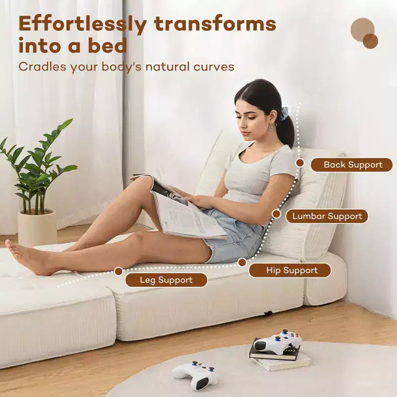 Sofá cama plegable beige / gris oscuro, sofá de suelo convertible 3 en 1 para 1 persona