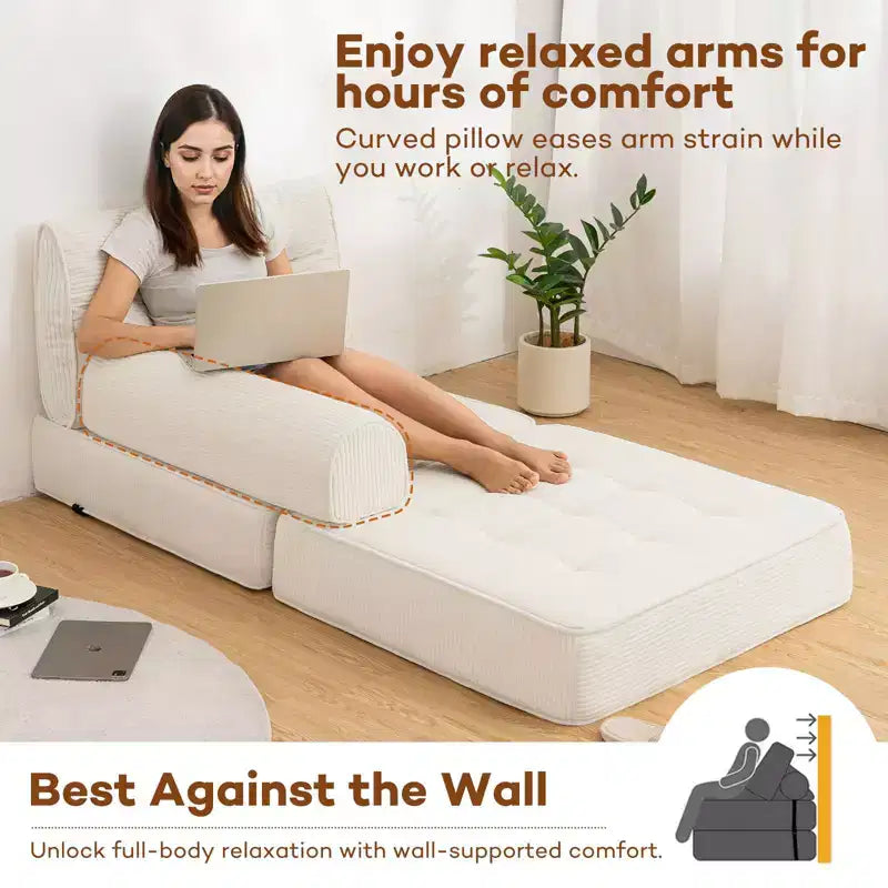 Sofá cama plegable beige / gris oscuro, sofá de suelo convertible 3 en 1 para 1 persona