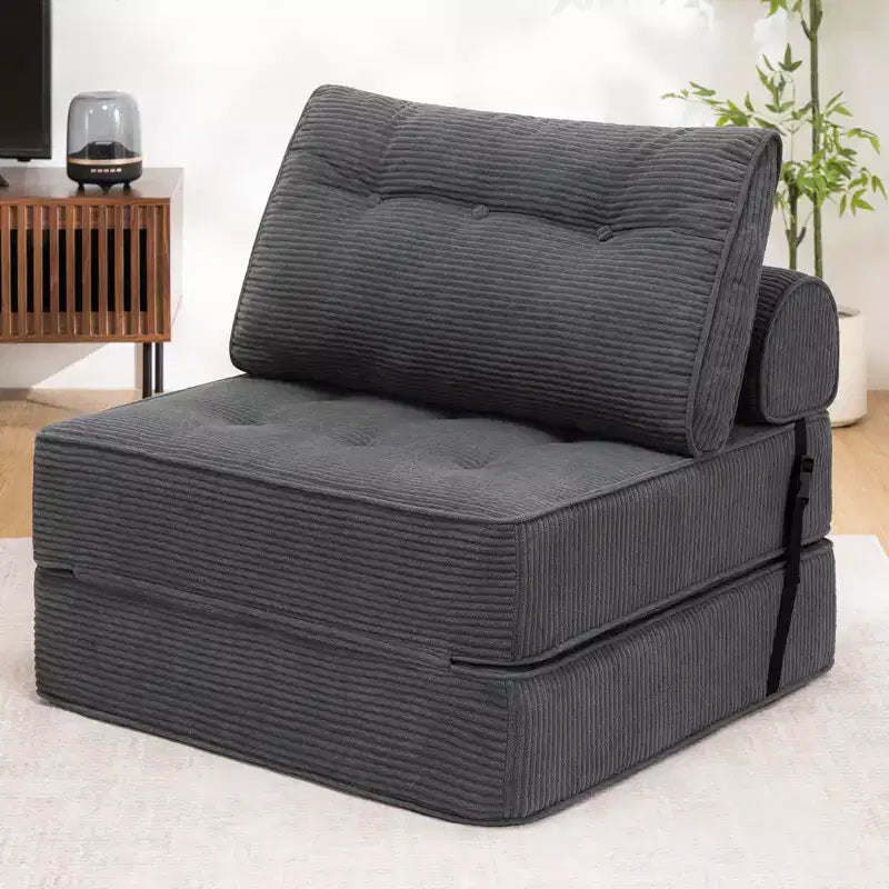 Sofá cama plegable beige / gris oscuro, sofá de suelo convertible 3 en 1 para 1 persona