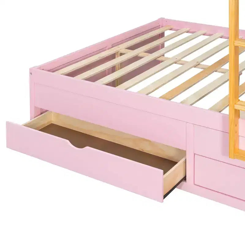 Litera doble con clóset integrado y 7 cajones, capacidad para 2 personas – Verde / Rosa / Blanco