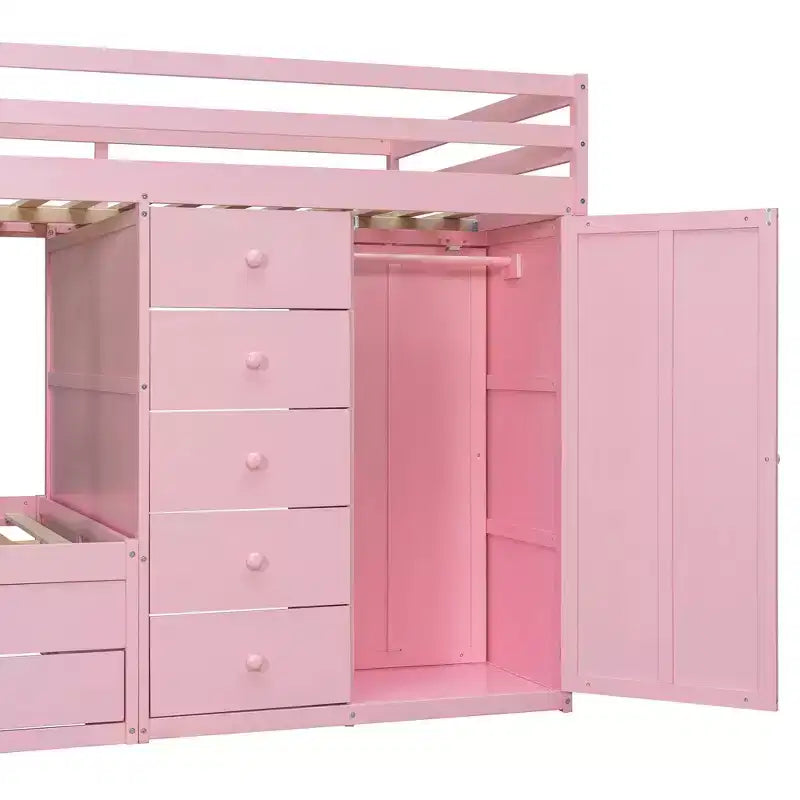 Litera doble con clóset integrado y 7 cajones, capacidad para 2 personas – Verde / Rosa / Blanco