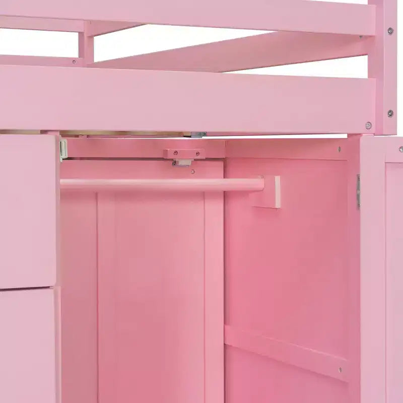 Litera doble con clóset integrado y 7 cajones, capacidad para 2 personas – Verde / Rosa / Blanco