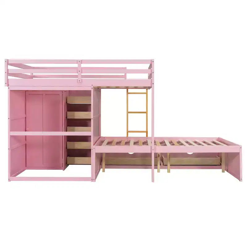 Litera doble con clóset integrado y 7 cajones, capacidad para 2 personas – Verde / Rosa / Blanco