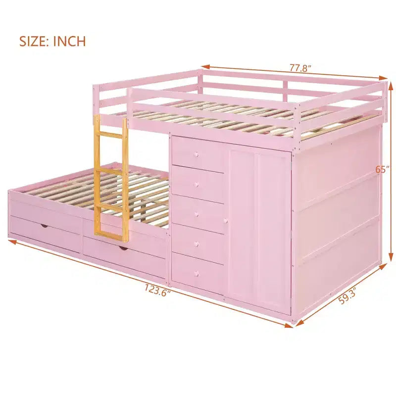 Litera doble con clóset integrado y 7 cajones, capacidad para 2 personas – Verde / Rosa / Blanco