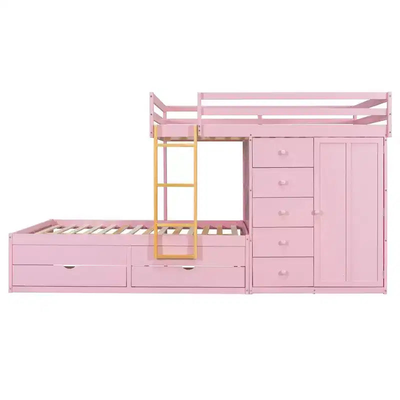 Litera doble con clóset integrado y 7 cajones, capacidad para 2 personas – Verde / Rosa / Blanco