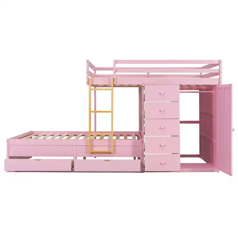 Litera doble con clóset integrado y 7 cajones, capacidad para 2 personas – Verde / Rosa / Blanco