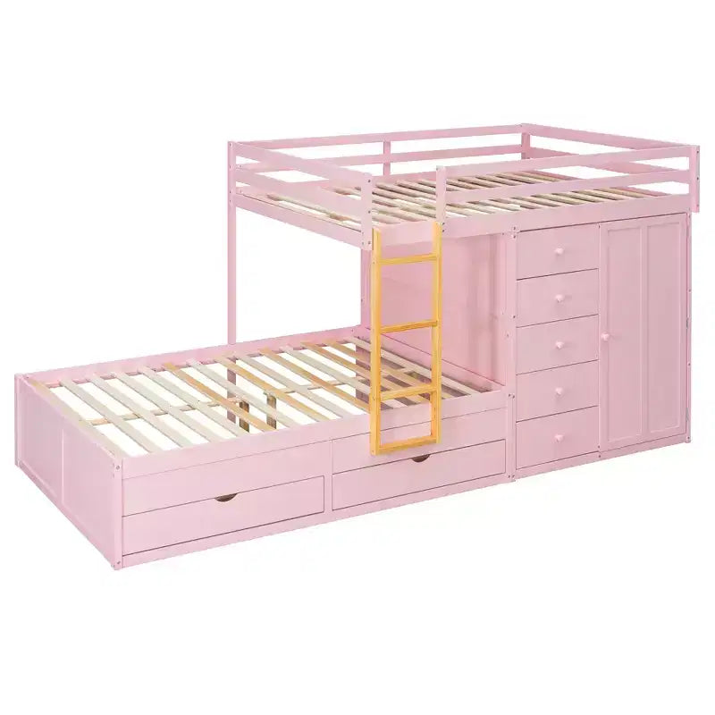 Litera doble con clóset integrado y 7 cajones, capacidad para 2 personas – Verde / Rosa / Blanco