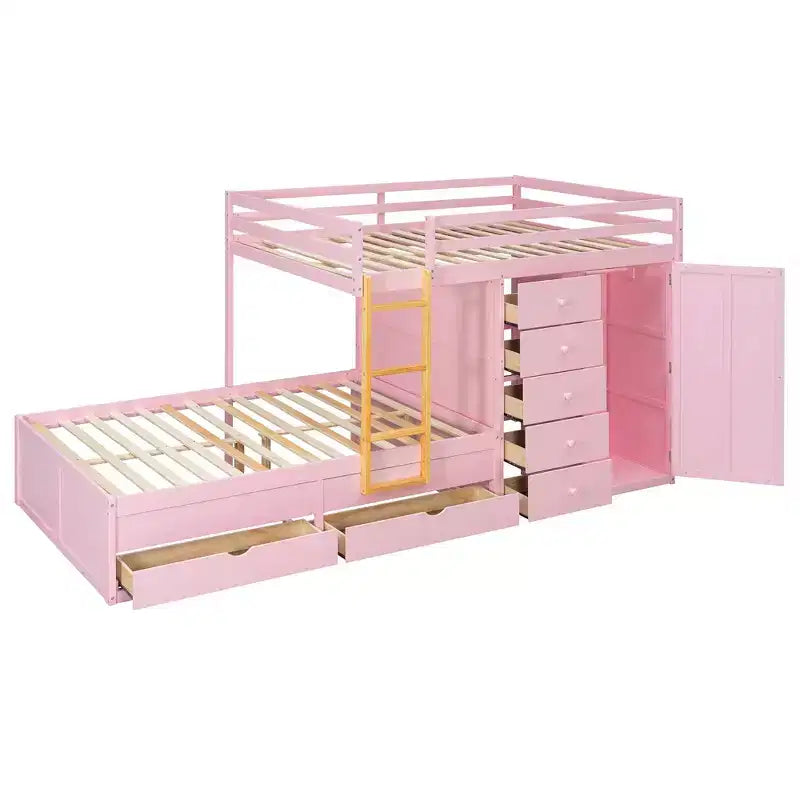 Litera doble con clóset integrado y 7 cajones, capacidad para 2 personas – Verde / Rosa / Blanco