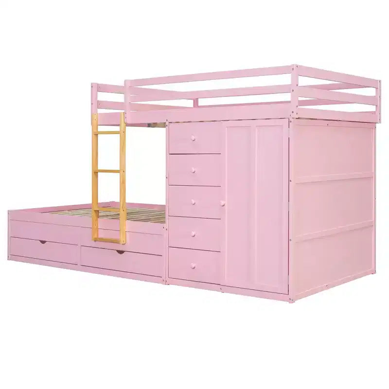 Litera doble con clóset integrado y 7 cajones, capacidad para 2 personas – Verde / Rosa / Blanco