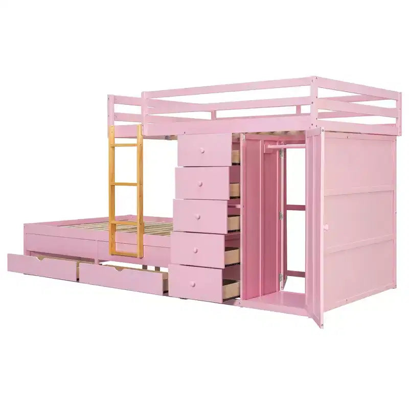 Litera doble con clóset integrado y 7 cajones, capacidad para 2 personas – Verde / Rosa / Blanco