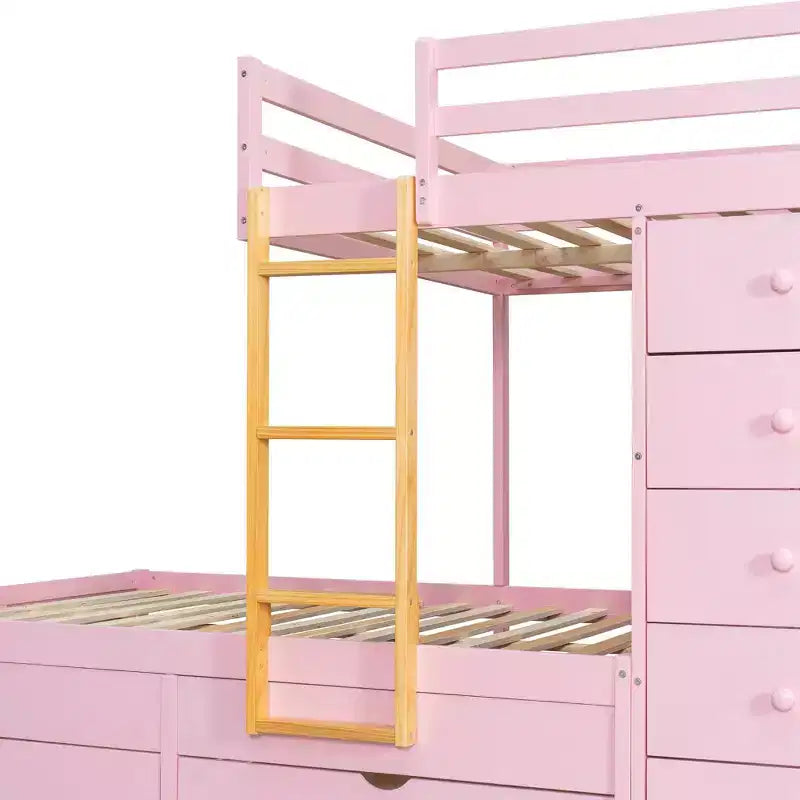 Litera doble con clóset integrado y 7 cajones, capacidad para 2 personas – Verde / Rosa / Blanco