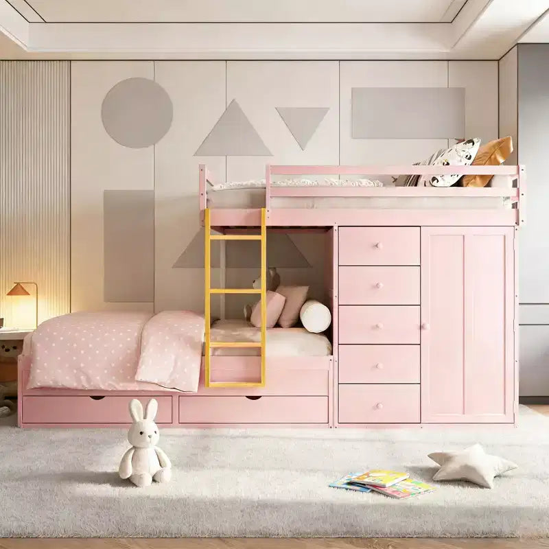 Litera doble con clóset integrado y 7 cajones, capacidad para 2 personas – Verde / Rosa / Blanco
