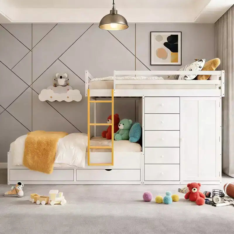 Litera doble con clóset integrado y 7 cajones, capacidad para 2 personas – Verde / Rosa / Blanco