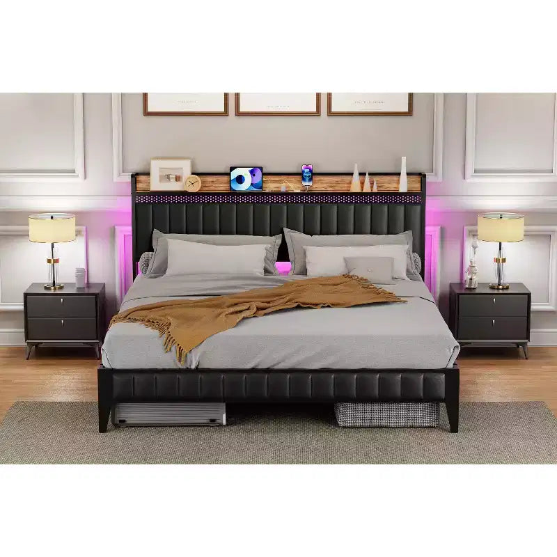 Upholstered platform bed frame, storage headboard, sturdy metal slat support, quiet operation, no spring box required, easy assembly (black)