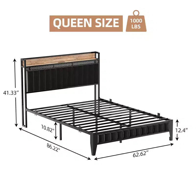 Cama de plataforma de cuero sintético negro, cabecera con almacenamiento e iluminación LED, matrimonial/queen/king, 1-2 personas