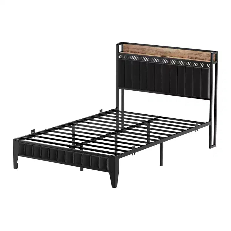 Cama de plataforma de cuero sintético negro, cabecera con almacenamiento e iluminación LED, matrimonial/queen/king, 1-2 personas