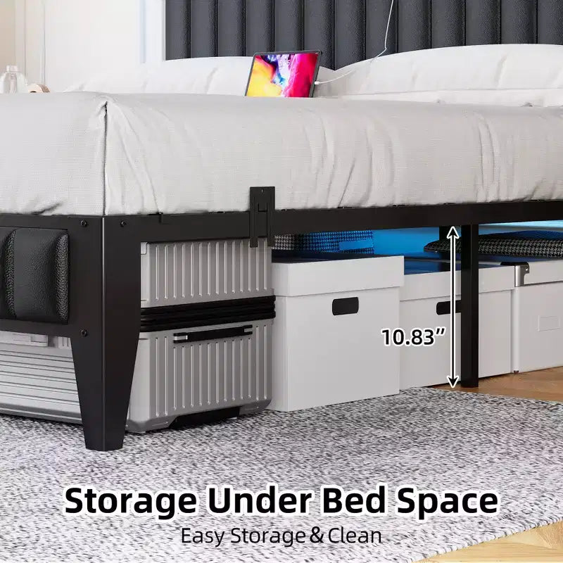 Cama de plataforma de cuero sintético negro, cabecera con almacenamiento e iluminación LED, matrimonial/queen/king, 1-2 personas