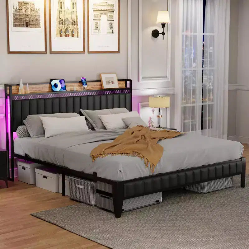 Cama de plataforma de cuero sintético negro, cabecera con almacenamiento e iluminación LED, matrimonial/queen/king, 1-2 personas