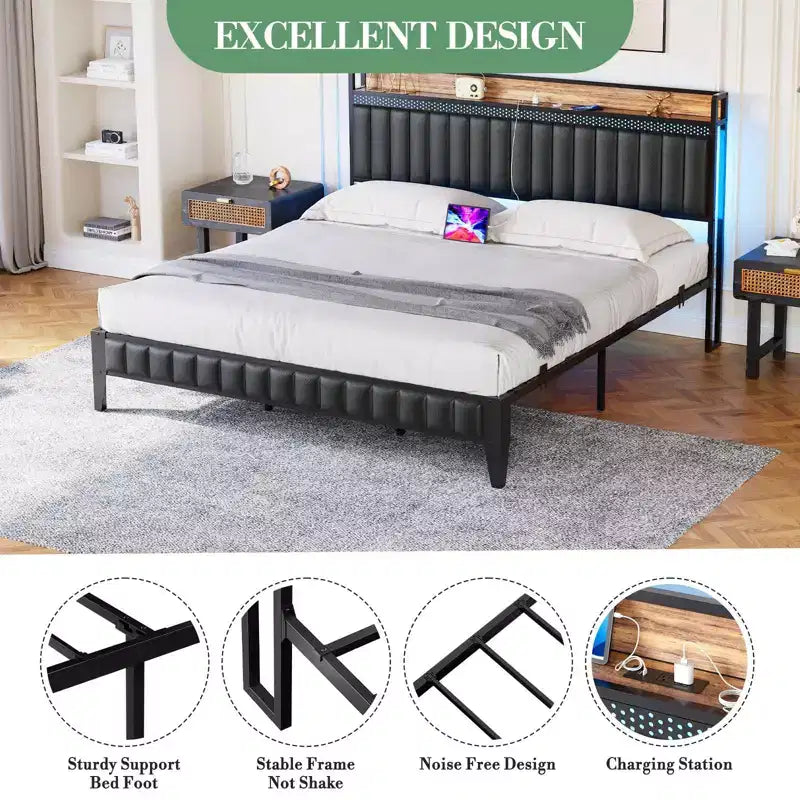 Cama de plataforma de cuero sintético negro, cabecera con almacenamiento e iluminación LED, matrimonial/queen/king, 1-2 personas