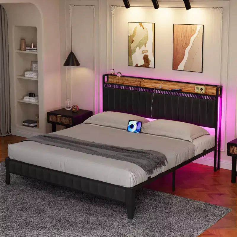 Cama de plataforma de cuero sintético negro, cabecera con almacenamiento e iluminación LED, matrimonial/queen/king, 1-2 personas