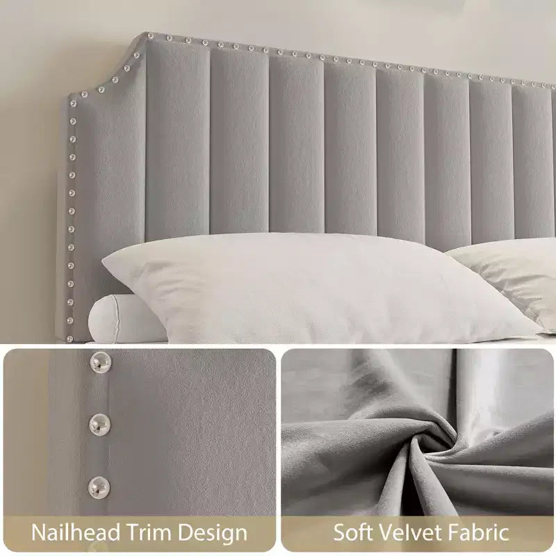Cama tapizada de terciopelo con plataforma – Cabecero y piecero con canales, Ribete de tachuelas, Negro / Gris claro / Blanco roto, 1–2 personas