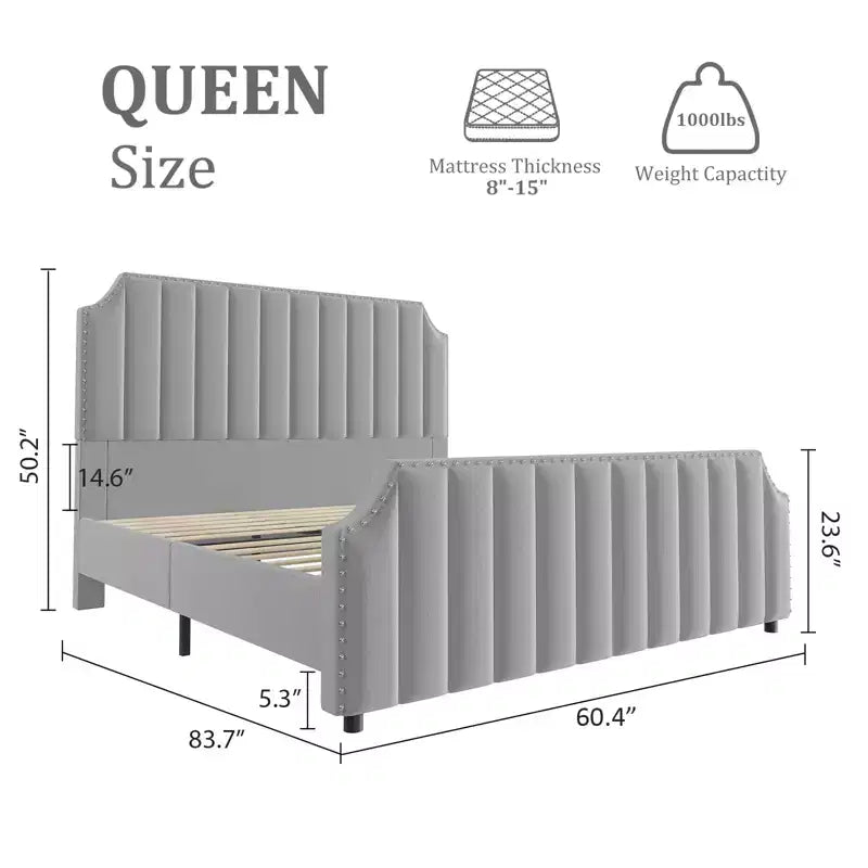 Cama tapizada de terciopelo con plataforma – Cabecero y piecero con canales, Ribete de tachuelas, Negro / Gris claro / Blanco roto, 1–2 personas